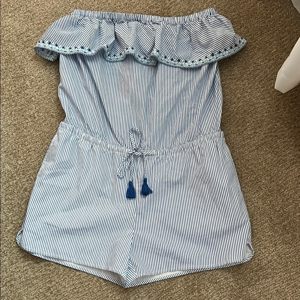 Vineyard Vines Blue and White Ruffled Off-Shoulder Dress